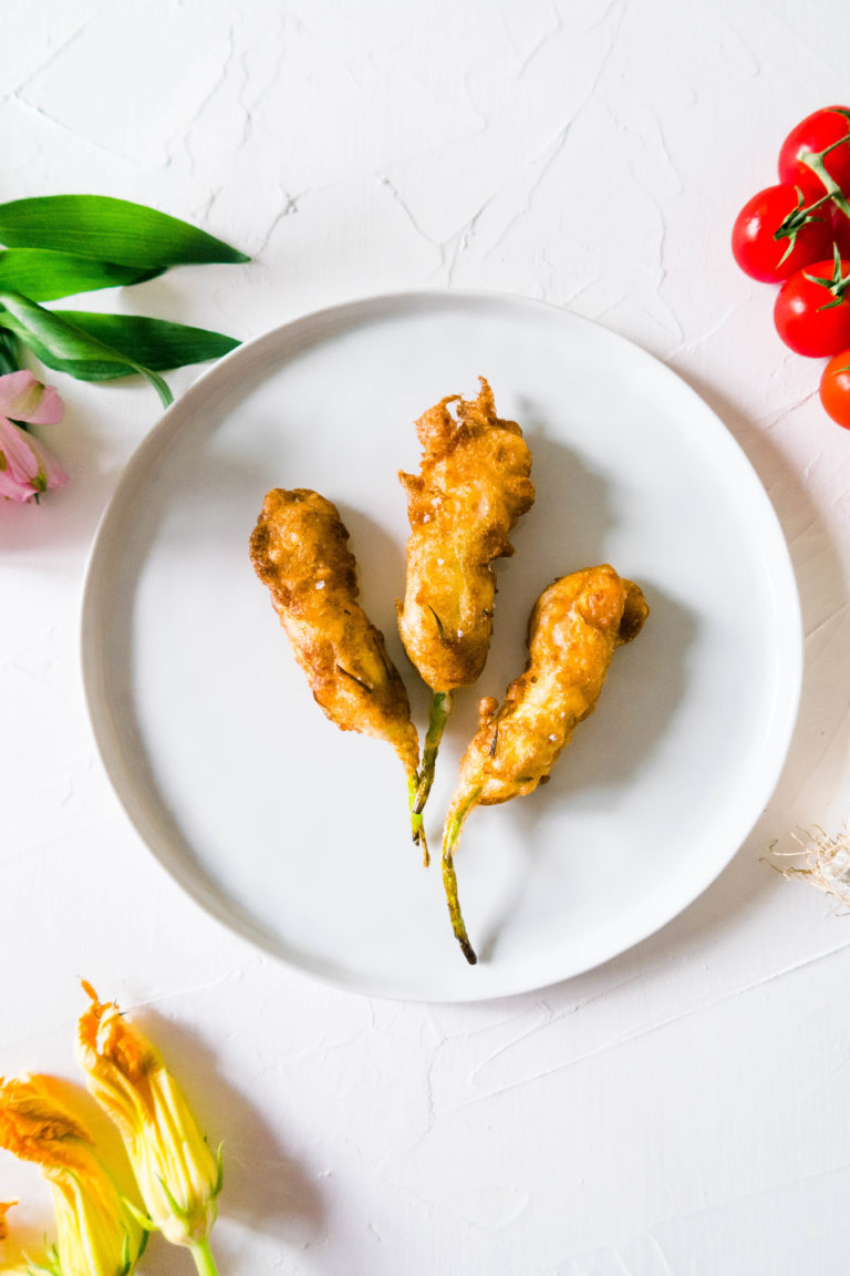 Fried Zucchini Blossoms with Tomato Sauce